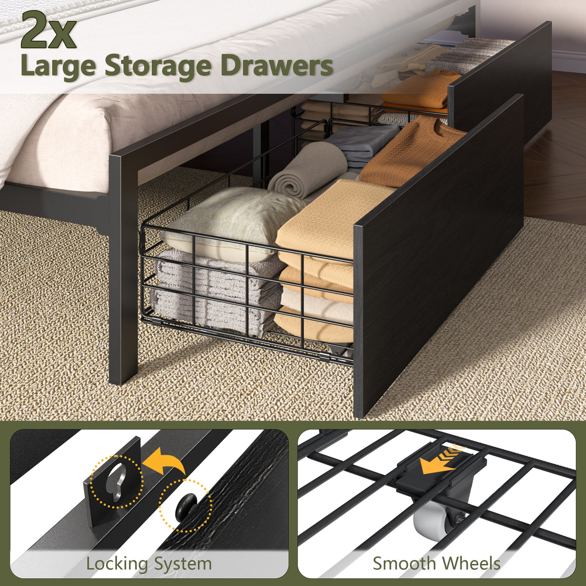 Full Size Bed Frame with Headboard and Charging Station,2 Drawers
