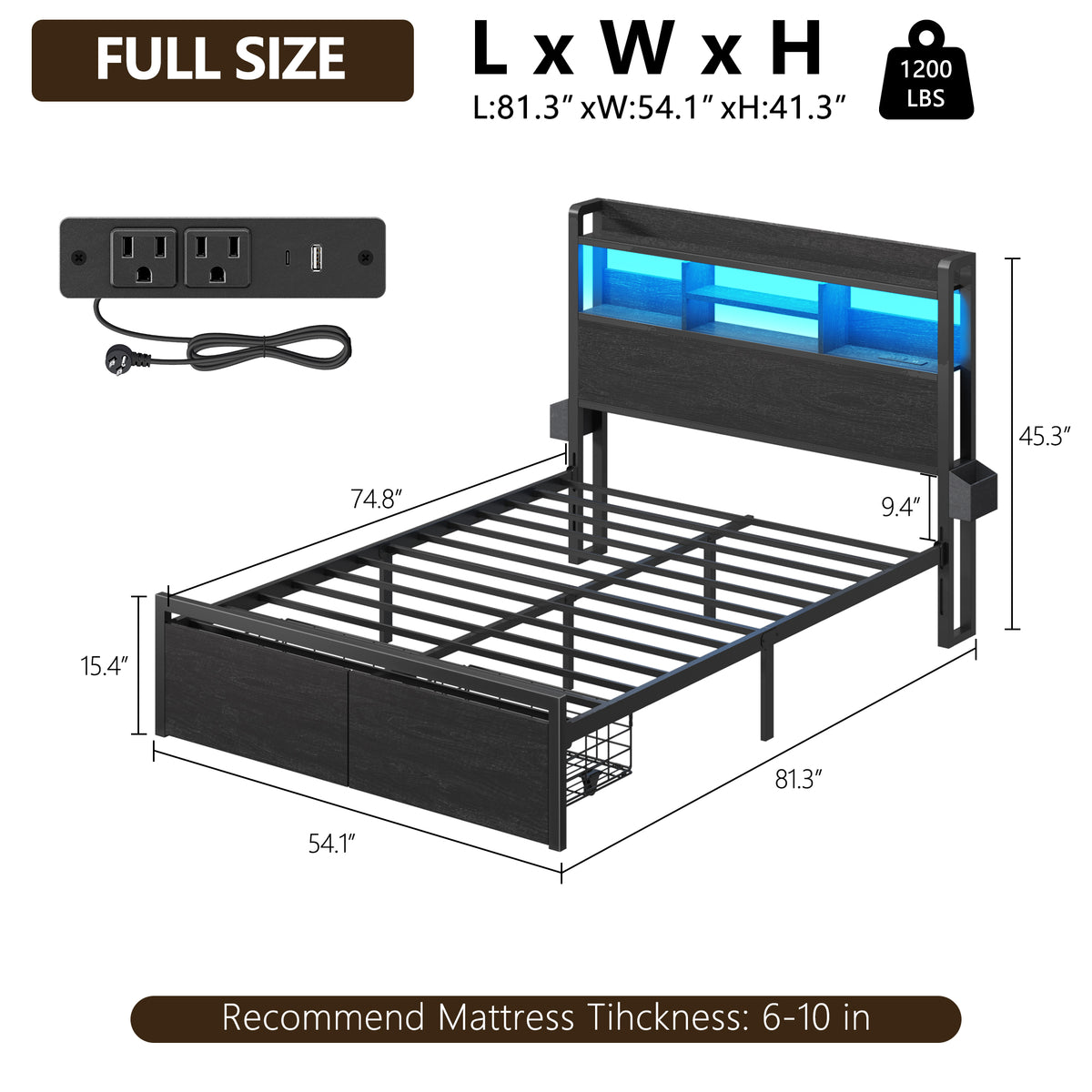 Full Size Bed Frame with Headboard and Charging Station,2 Drawers
