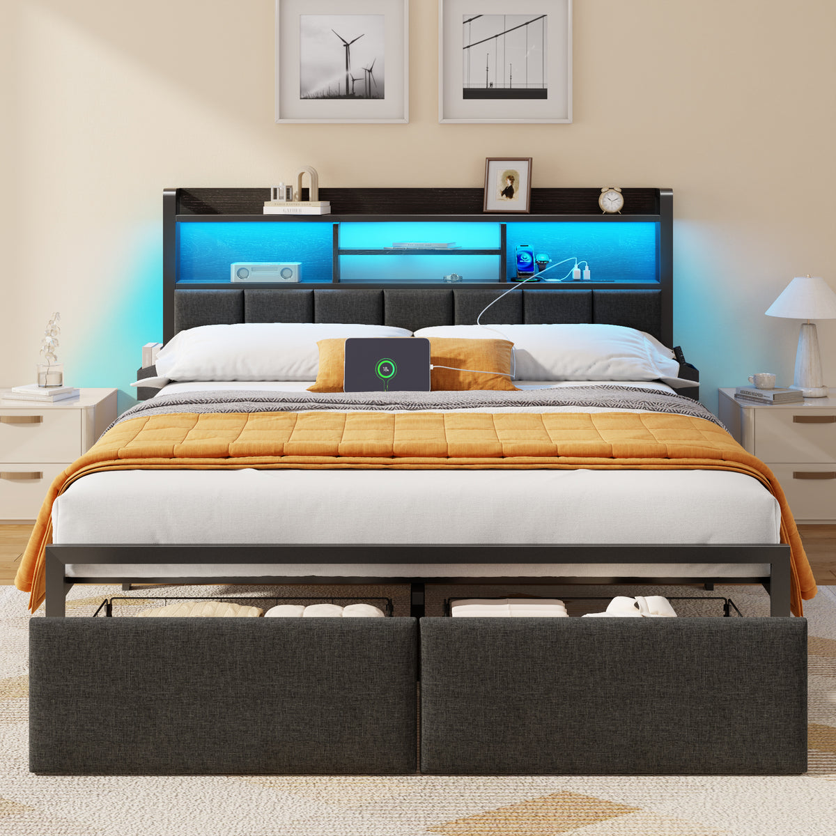 Queen Size Bed Frame with Headboard, Drawers, Charging Station