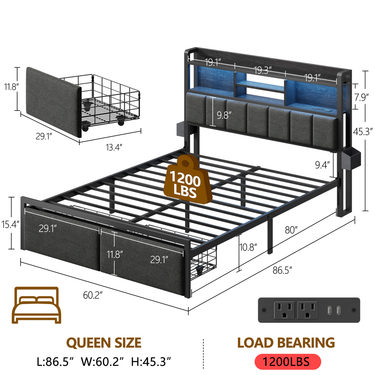 Queen Size Bed Frame with Headboard, Drawers, Charging Station