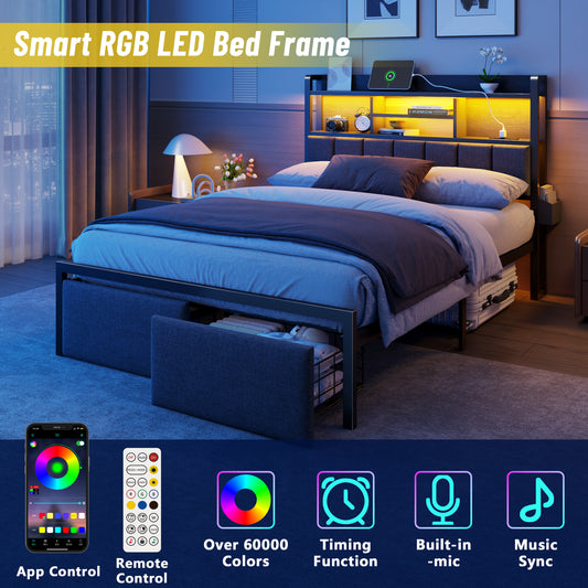Full Size Bed Frame with Headboard, Drawers, Charging Station, LED
