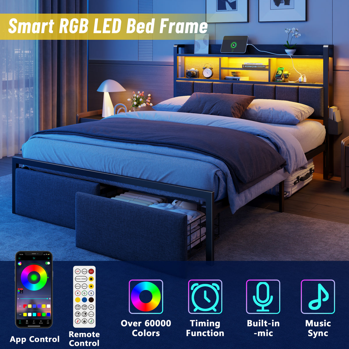 Queen Size Bed Frame with Headboard, Drawers, Charging Station