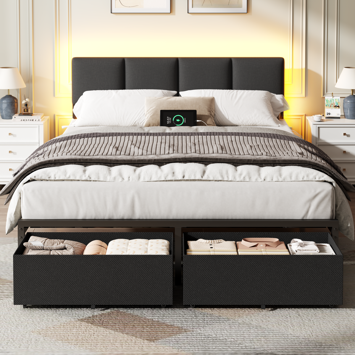 Queen Bed Frame with Upholstered Headboard and 2 Storage Drawers Metal Platform Bed with Charging Station, LED Lights and Fabric Drawers, Noise Free, Easy Assembly, No Box Spring Needed